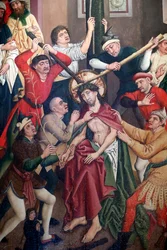 Saint-Pierre-le-Vieux katholische Kirche, Christus in seiner Passion, Jesus wird gegeißelt und mit Dornen gekrönt, Gemälde von Henri Lutzelman 15. Jahrhundert, Straßburg, Frankreich